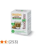 Scatola di caffè al ginseng Foodness, con tazza di caffè e radici di ginseng. Il ginseng contiene latte, ideale per la tua energia pulita.