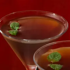 Due cocktail Stinger IBA, con liquore alla menta e brandy, guarniti con foglie di menta fresca, su sfondo rosso.