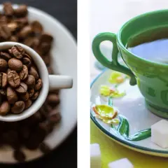 Tazza di caffè e tazza di tè, due bevande con la teina e la caffeina, che non sono la stessa cosa.