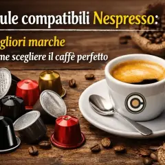 Caffè in capsule compatibili Nespresso, con una tazza fumante e chicchi sparsi. Guida su come regolare la macchina Nespresso per il caffè perfetto.