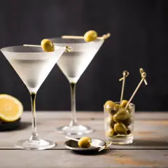 Due bicchieri di Martini, guarniti con olive, pronti per essere gustati. La martini ricetta IBA è un classico intramontabile.