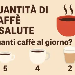 Quantità di caffè e salute: quanti caffè al giorno? Tre tazze di caffè, da 5 a 2, mostrano diverse opzioni.
