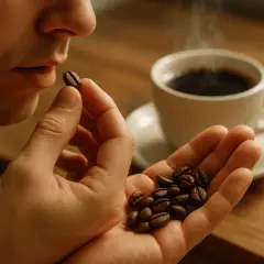 Uomo che annusa un chicco di caffè, con una tazza fumante sullo sfondo. Un'esperienza sensoriale per chi ama mangiare chicchi di caffè.