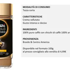 Barattolo di caffè solubile Nescafé Gold Espresso, con indicazioni su come si prepara, caratteristiche e provenienza.