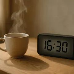 Tazza di caffè fumante accanto a una sveglia digitale che segna le 16:30. Un promemoria che il caffè non fa dormire, nemmeno nel tardo pomeriggio.