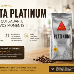 Un sac di caffè nero Delta Platinum, con una tazzina di espresso e chicchi sparsi. Perfetto per ogni momento.