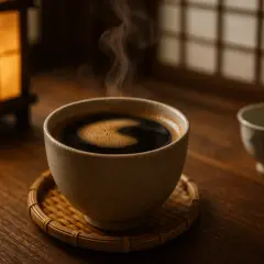Una tazza di caffè giapponese fumante su un sottobicchiere di bambù, con una lanterna accesa e una seconda tazza sullo sfondo.
