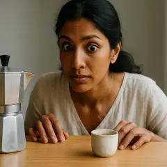Occhi sgranati davanti alla moka, pronta a ricevere la sua dose di caffeina.