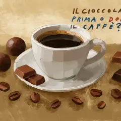 Tazza di caffè fumante, chicchi tostati e cioccolatini sparsi. La domanda è: cioccolato e caffè, prima o dopo?
