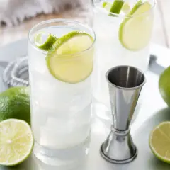 Due cocktail fizz rinfrescanti con fette di lime e ghiaccio, pronti per essere gustati.