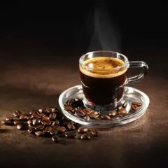 Un fumante caffè al vetro, con chicchi tostati sparsi attorno, evoca un momento di puro piacere.