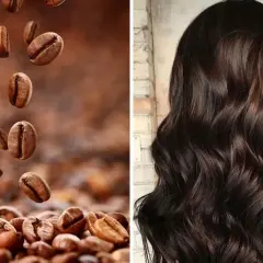 Chicche di caffè che cadono su capelli scuri e lucenti. Attenzione, il caffè rovina i capelli!