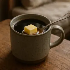 Un cubetto di burro galleggia su un cucchiaino immerso in una tazza di caffè caldo, pronto per essere mescolato.