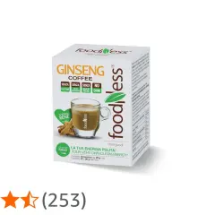 Scatola di caffè al ginseng Foodness, con tazza di caffè e radici di ginseng. Il ginseng contiene latte, ideale per la tua energia pulita.