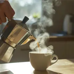 Una mano versa caffè fumante da una moka in una tazza bianca. La macinatura caffè per moka è perfetta per iniziare la giornata.