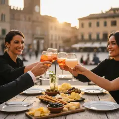 Un gruppo di amici brinda con cocktail colorati durante un happy hour all'aperto, con stuzzichini e formaggi sul tavolo.
