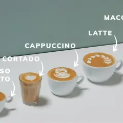 Cinque caffè, dall'espresso macchiato al latte macchiato, con schiume artistiche.
