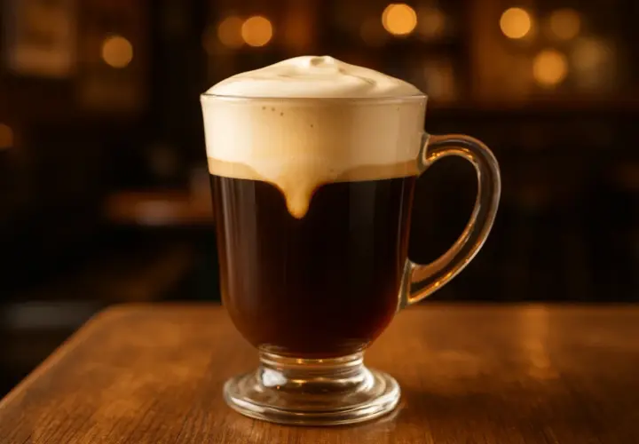Un bicchiere di caffè scuro con panna montata cremosa, perfetto per la tua prossima irish coffee ricetta.