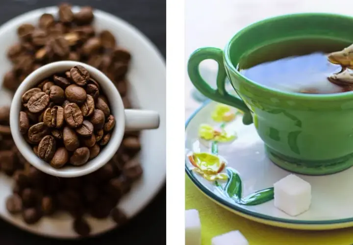 Tazza di caffè e tazza di tè, due bevande con la teina e la caffeina, che non sono la stessa cosa.