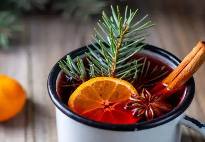 Un bicchiere di punch caldo, con arancia, cannella e anice stellato, decorato con un rametto di pino. Perfetto per le serate invernali.