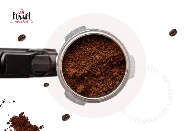 Macinatura caffè fine nel portafiltro, pronta per un espresso perfetto. Chicchi sparsi e logo Fusari.