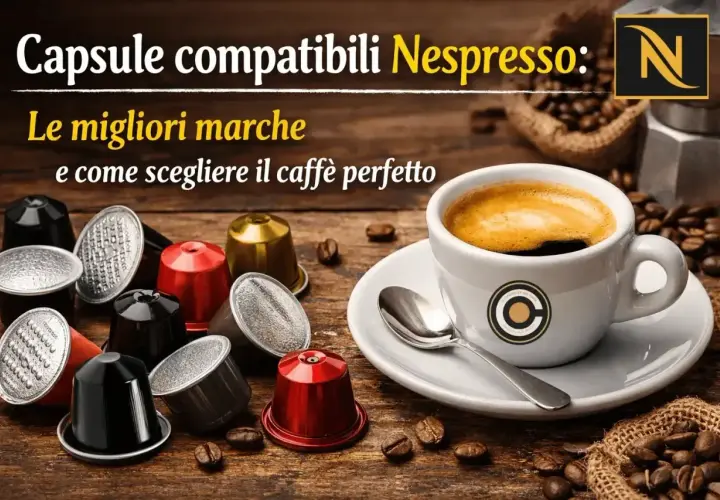 Caffè in capsule compatibili Nespresso, con una tazza fumante e chicchi sparsi. Guida su come regolare la macchina Nespresso per il caffè perfetto.