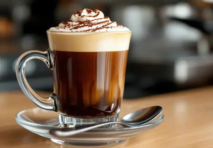 Un delizioso caffè marocchino con panna montata e cacao in polvere, servito in una tazza di vetro trasparente su un piattino con cucchiaino.