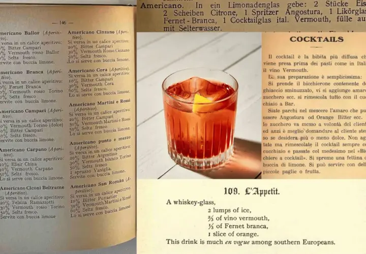 Un bicchiere di cocktail rosso con ghiaccio e una fetta d'arancia, accanto a ricette di cocktail e una descrizione della loro storia.
