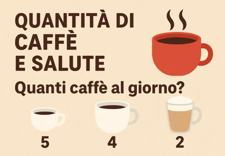 Quantità di caffè e salute: quanti caffè al giorno? Tre tazze di caffè, da 5 a 2, mostrano diverse opzioni.