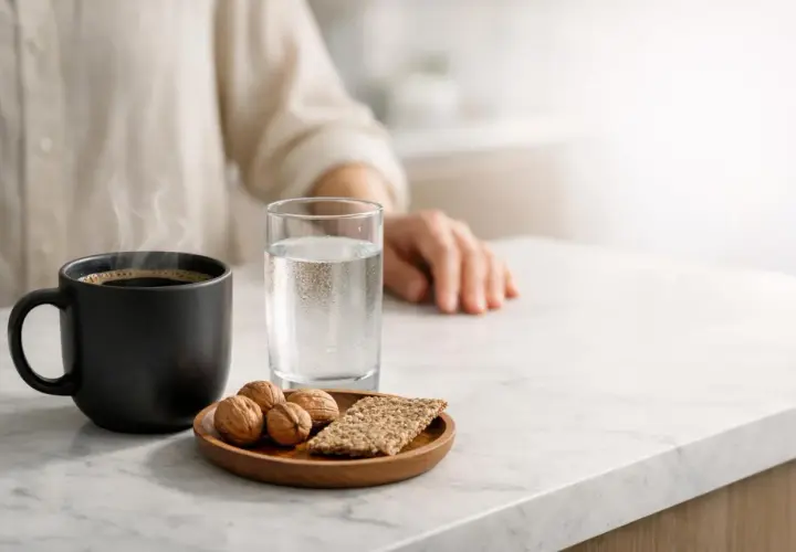 Tazza di caffè fumante, bicchiere d'acqua, noci e cracker. Potrebbe essere un pasto leggero per chi soffre di intolleranza al caffè, evitando i sintomi.