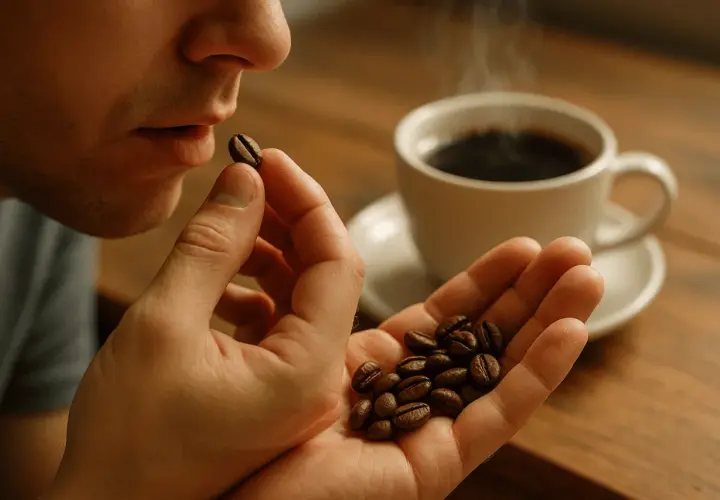 Uomo che annusa un chicco di caffè, con una tazza fumante sullo sfondo. Un'esperienza sensoriale per chi ama mangiare chicchi di caffè.