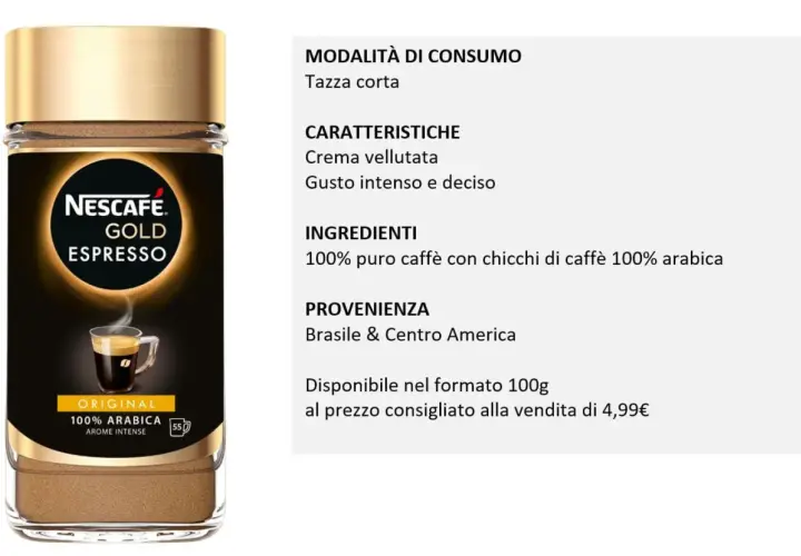 Barattolo di caffè solubile Nescafé Gold Espresso, con indicazioni su come si prepara, caratteristiche e provenienza.