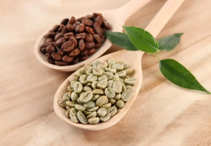 Caffè verde e tostato su cucchiai di legno, con foglie verdi. Scopri le proprietà del caffè verde.