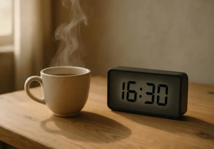 Tazza di caffè fumante accanto a una sveglia digitale che segna le 16:30. Un promemoria che il caffè non fa dormire, nemmeno nel tardo pomeriggio.