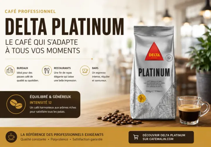 Un sac di caffè nero Delta Platinum, con una tazzina di espresso e chicchi sparsi. Perfetto per ogni momento.