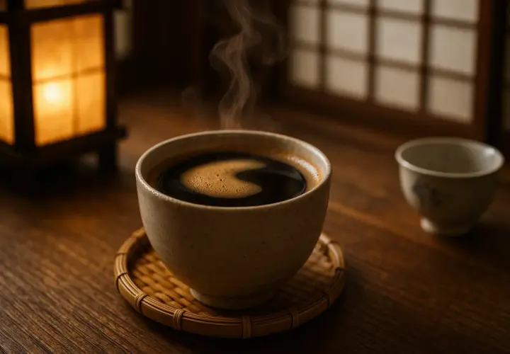 Una tazza di caffè giapponese fumante su un sottobicchiere di bambù, con una lanterna accesa e una seconda tazza sullo sfondo.