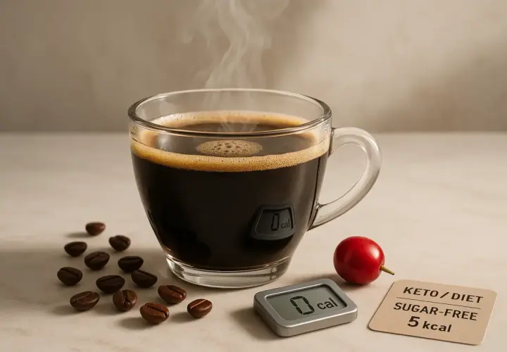 Un fumante caffè americano, ideale per la dieta keto, con indicazione 0 kcal. Scopri i caffè americano benefici per il tuo benessere.
