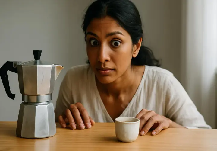 Occhi sgranati davanti alla moka, pronta a ricevere la sua dose di caffeina.