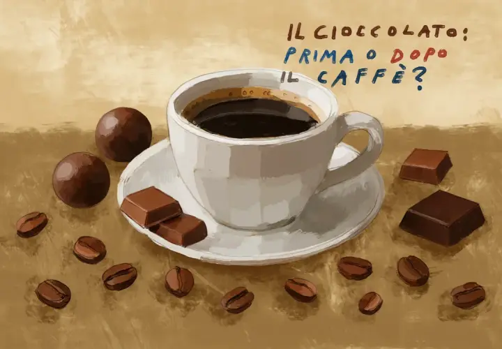 Tazza di caffè fumante, chicchi tostati e cioccolatini sparsi. La domanda è: cioccolato e caffè, prima o dopo?
