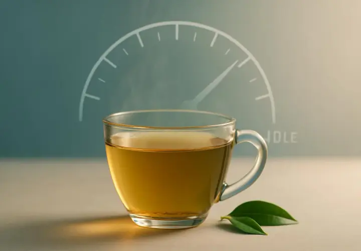 Tazza di tè fumante con sfondo di un indicatore di velocità, suggerendo che la caffeina fa dimagrire.