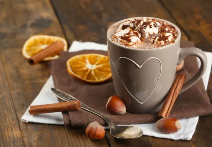 Una tazza di cioccolata calda con panna e cannella, un'ottima alternativa per chi cerca cosa bere al posto del caffè.