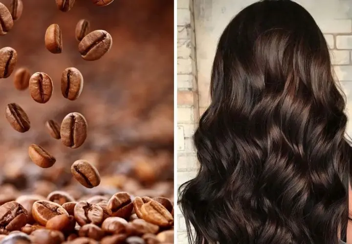 Chicche di caffè che cadono su capelli scuri e lucenti. Attenzione, il caffè rovina i capelli!
