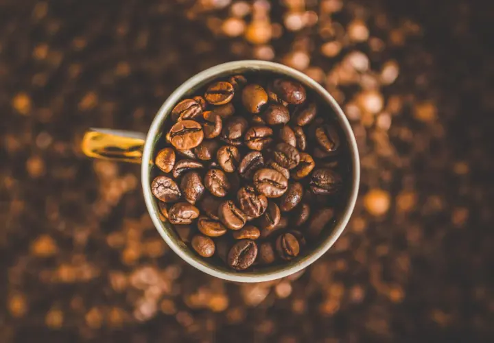 Tazza piena di chicchi di caffè tostati, un invito a gustare la bevanda che fa passare la fame.