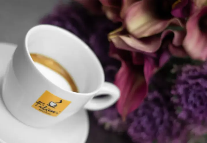 Tazza di caffè con logo Filicori. Un macchiatone o un macchiato? La bellezza dei fiori viola fa da sfondo.