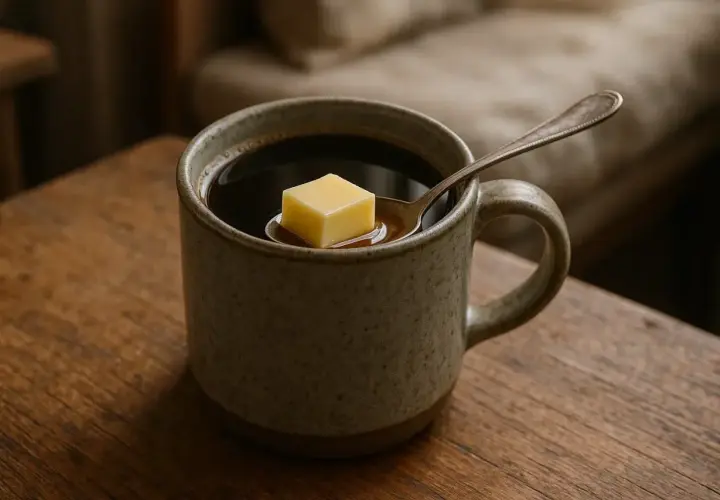 Un cubetto di burro galleggia su un cucchiaino immerso in una tazza di caffè caldo, pronto per essere mescolato.
