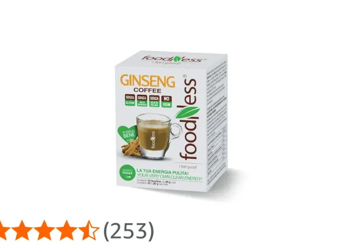 Scatola di caffè al ginseng Foodness, con tazza di caffè e radici di ginseng. Il ginseng contiene latte, ideale per la tua energia pulita.