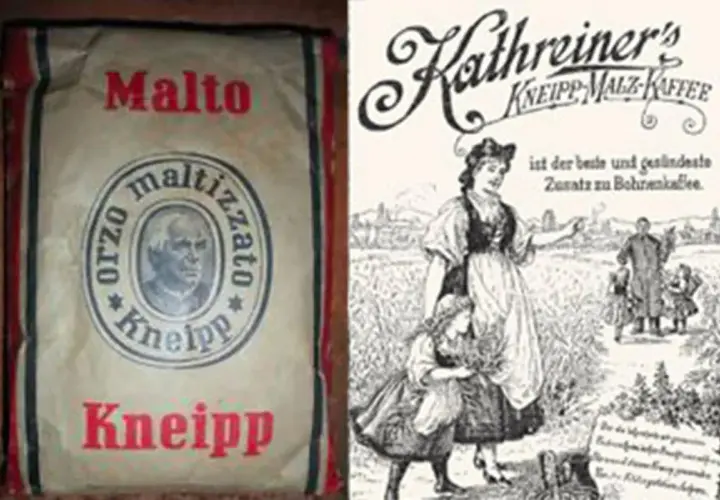 Sacchetto di "Malto Kneipp" e pubblicità d'epoca per "Kathreiner's Malz-Kaffee", un surrogato del caffè che evoca un'epoca di autarchia e nazionalismo, simile al fascismo.