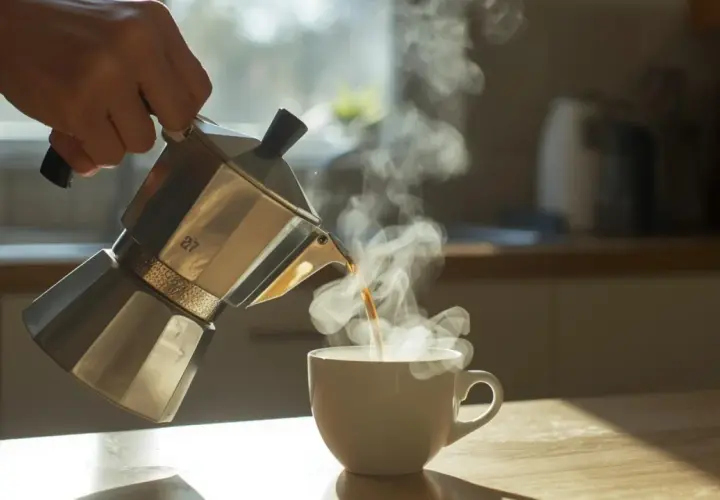 Una mano versa caffè fumante da una moka in una tazza bianca. La macinatura caffè per moka è perfetta per iniziare la giornata.