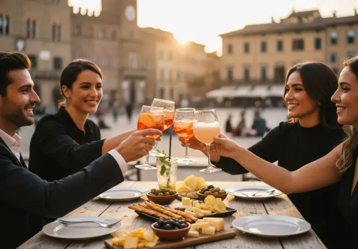 Un gruppo di amici brinda con cocktail colorati durante un happy hour all'aperto, con stuzzichini e formaggi sul tavolo.
