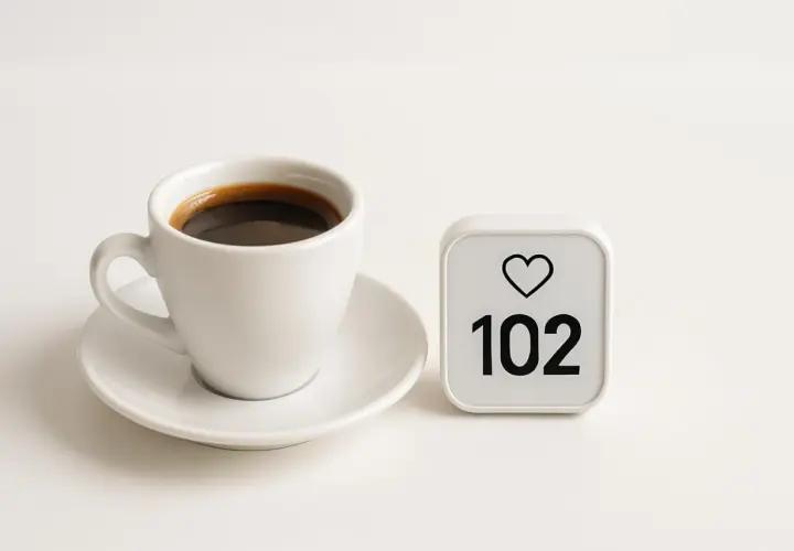 Tazza di caffè nero accanto a un contatore di like con 102. Un promemoria che il caffè e il cortisolo possono influenzare il nostro benessere.